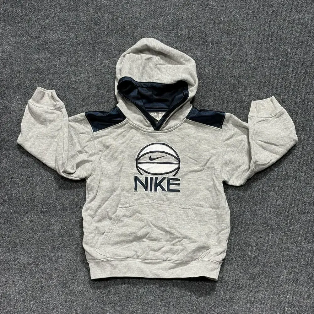 Nike Hoodie Boys 6 Gray Navy Basketball Logo Fleece Pullover Sweatshirt Swoosh